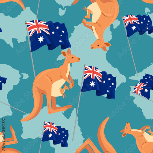 Australia Day pattern with kangaroos, Australian flags and map silhouettes. Vibrant patriotic wallpaper for  textile and tourism decor.