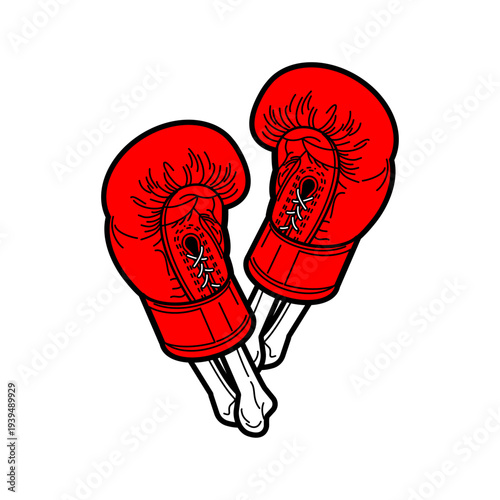 red boxing gloves with human arm bones instead of hands. Creative concept of injury, extreme combat or skeleton fighter. Flat vector isolated on white.