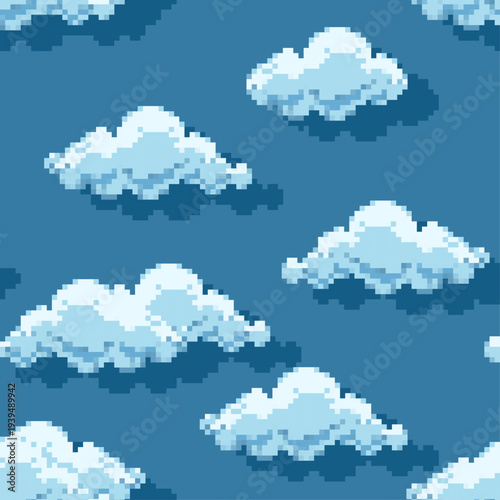 Seamless pattern with pixel art blue clouds on a dark blue sky background. Retro 8-bit game style atmosphere for gaming and digital design.