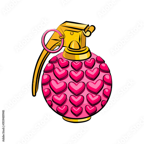 pink heart-shaped hand grenade. Humorous metaphor for love bomb or romantic threat. Tactical romance concept. Isolated on white.