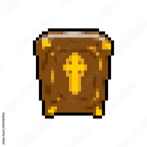 Pixel art  holy Bible with a golden cross. Retro 8-bit game style religious book icon for RPG and fantasy. Isolated on white.
