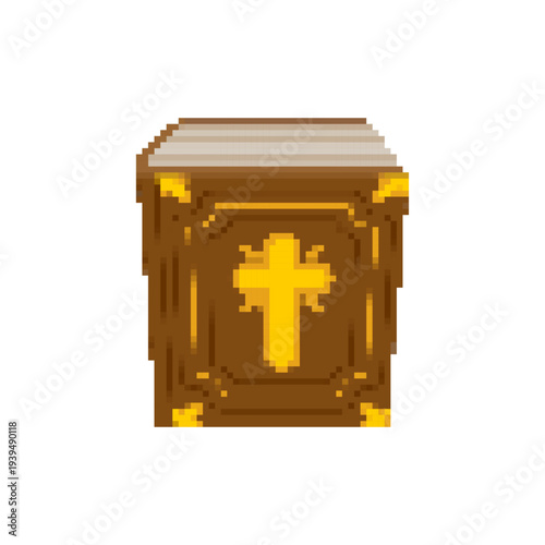 Pixel art  holy Bible with a golden cross. Retro 8-bit game style religious book icon for gaming and spiritual concepts. Isolated on white.