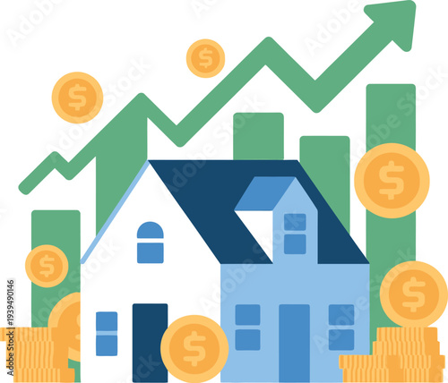 Vector illustration of a residential house and city skyline icon representing real estate property, architecture, and home ownership concept