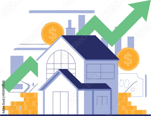 Vector illustration of a residential house and city skyline icon representing real estate property, architecture, and home ownership concept