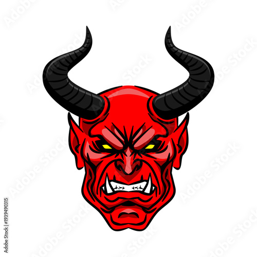  red devil head with black horns. Scary monster character for gym, gaming and horror concepts. Flat vector isolated on white.