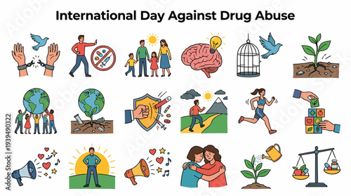 International Day Against Drug Abuse - Set of Icons