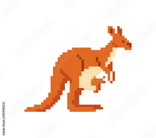 Pixel art  kangaroo with a joey in its pouch. Retro 8-bit game style wildlife character for nature and gaming concepts. Isolated on white.