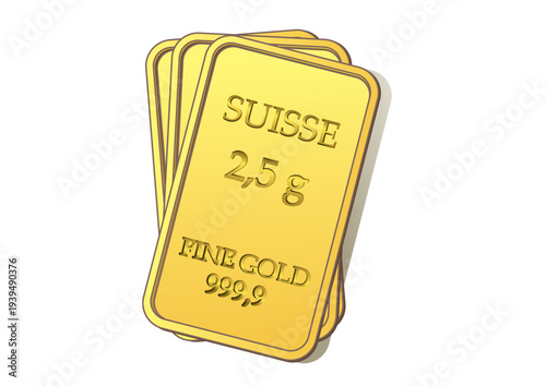 Multiple 2.5 gram Swiss fine gold bars featuring 999.9 purity are arranged on a clean white background. Finance concept