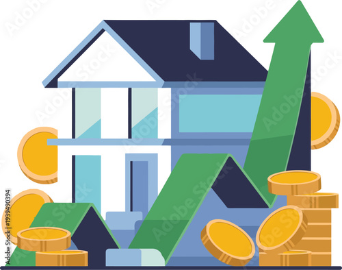 Vector illustration of a residential house and city skyline icon representing real estate property, architecture, and home ownership concept