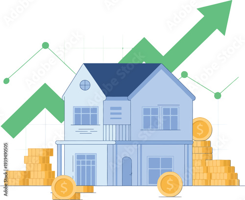 Vector illustration of a residential house and city skyline icon representing real estate property, architecture, and home ownership concept