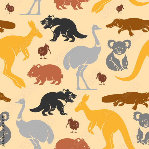 pattern with silhouettes of Australian animals kangaroo, koala, and emu on a beige background. Ethnic wildlife wallpaper for textile and decor.