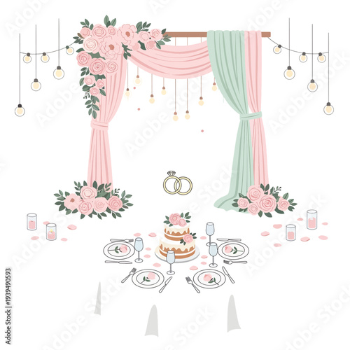 Wedding Archway Decor with Cake and Rings.