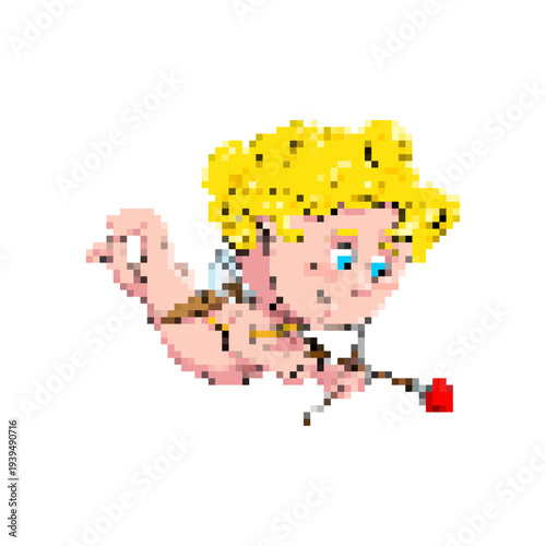 Pixel art  cupid with a bow and arrow. Retro 8-bit game style character for Valentine's Day and love concepts. Isolated on white.