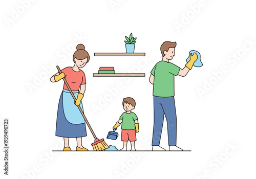 Family Together Cleaning Home Routine Daily Chores Indoor Activity With Parent And Child Working And Sweeping Floor Dusting Surface Healthy Lifestyle