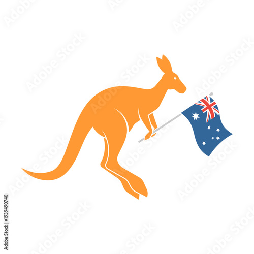 kangaroo character holding a small Australian flag. National mascot illustration for tourism, holiday and patriotism concepts. Isolated on white.