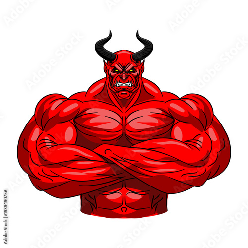 Powerful muscular red devil bodybuilder character showing massive biceps. Funny fitness, gym, and strength concept. Flat vector illustration isolated on white background.