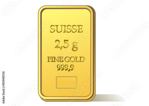 A singular 2.5 gram Suisse fine gold bar with 999.9 purity is presented vertically on a crisp white background. Finance concept