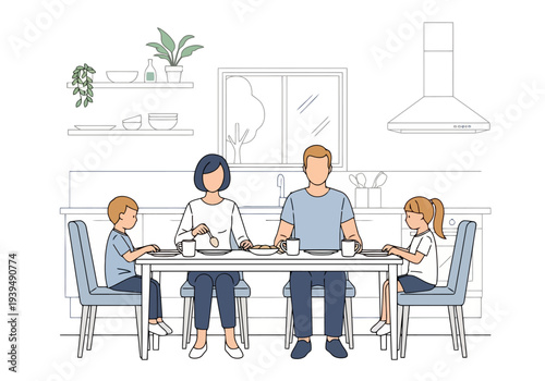 Family Enjoying Meal Together Sitting Around Kitchen Table Eating Food Home Atmosphere Interior With Plants And Window View Cozy Scene