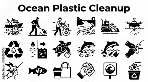 Ocean Plastic Cleanup Icons Set