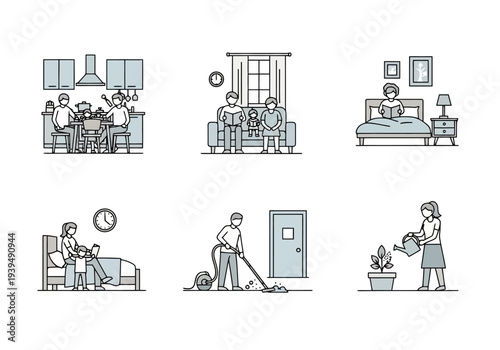 Diverse Home Life Scenes Depicting Family Activities Leisure Chores And Personal Time In A Clean Linear Art Style