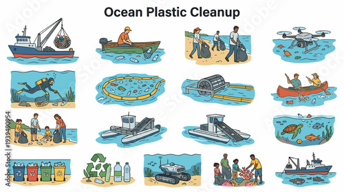 Ocean Plastic Cleanup Methods Illustration - Environmental Protection