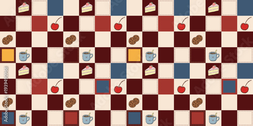 Seamless checkered bakery pattern with cake slices, coffee mugs, cherries, and chocolate chip cookies on a maroon and cream grid background.