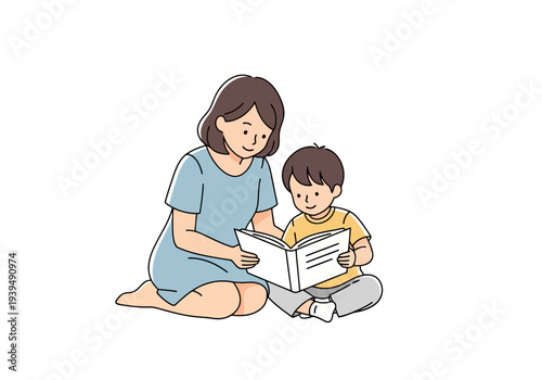 Woman and child reading a book together illustration on a white background enjoying story time and education development concept
