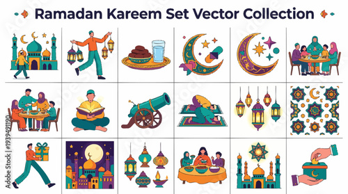 Ramadan Kareem Vector Collection: Mosques, Family, Lanterns, Dates