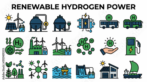 Renewable Hydrogen Power Icons - Clean Energy Technology
