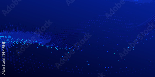 Abstract digital wave of blue dots and particles flowing horizontally