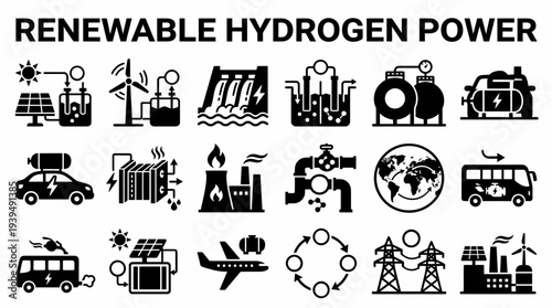 Renewable Hydrogen Power Icons: Clean Energy & Sustainability