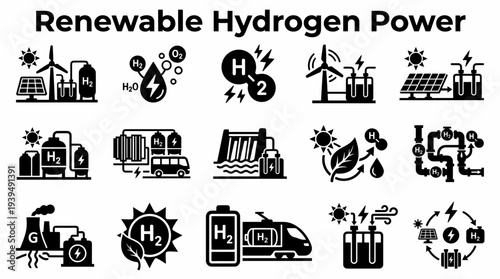 Renewable Hydrogen Power Icons: Clean Energy Technology