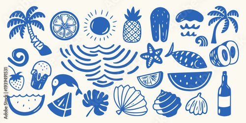 Stylized blue illustrations of tropical fruits plants and ocean elements