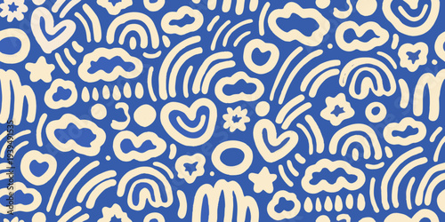 Playful pattern of hand drawn clouds hearts stars and whimsical shapes