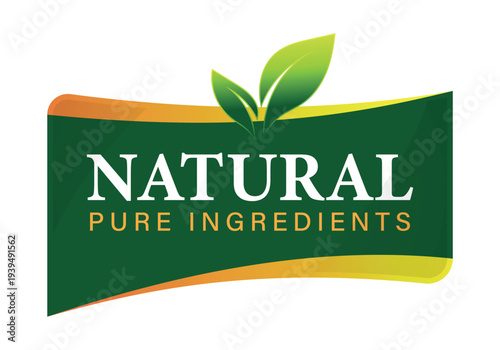 Natural pure ingredients badge with leaf element for authentic organic skincare or food product line identification