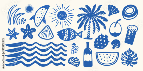 Blue summer doodles featuring tropical elements sea life and vibrant fruits