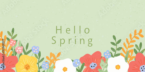 A cheerful illustration welcomes the arrival of spring with floral elements