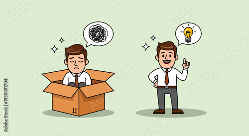 Businessman thinking outside the box for new ideas.