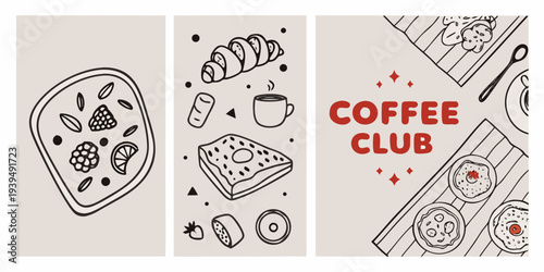 Hand drawn illustrations of breakfast foods and coffee presented as a triptych
