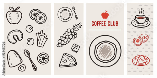 Stylized illustration of food fruit and coffee themed doodle panels