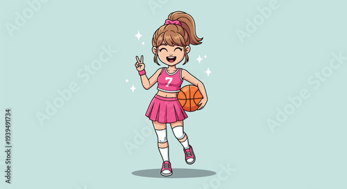Cute anime girl in pink sportswear holding a basketball.