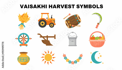 Vaisakhi Harvest Symbols: Tractor, Wheat, Plow, Drum, Sickle, Moon