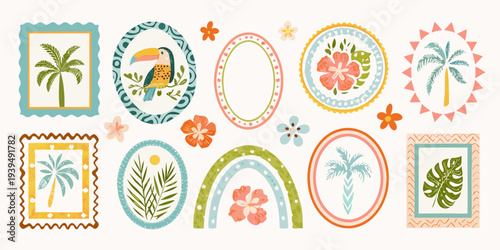Tropical themed sticker and frame collection with floral and animal motifs
