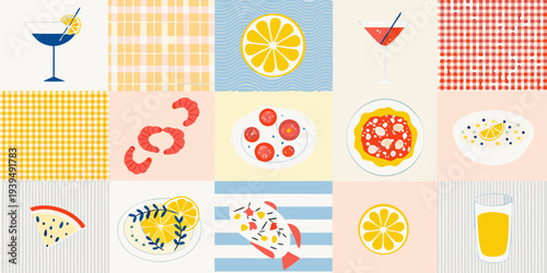 A colorful collage featuring various summer foods and refreshing drinks
