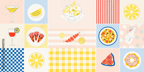 Colorful collage featuring various fruit slices drinks and food items