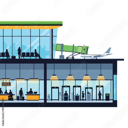 Airport Terminal Building with Plane and Passengers.
