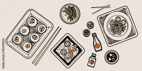 Overhead view of various japanese foods and dining accessories