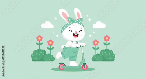 Cute cartoon bunny riding a scooter in a garden with flowers and clouds.