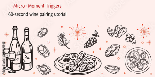 Hand drawn illustration depicts wine pairings with cheese seafood and fruit