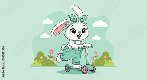 Cute cartoon bunny riding a scooter in a vibrant outdoor setting.